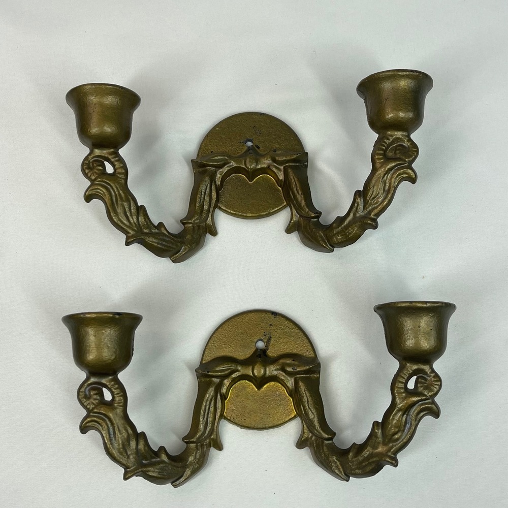 Vintage Gold Cast Metal Wall Sconce Candle Holders Set of 2 Ornate Scroll Leaf